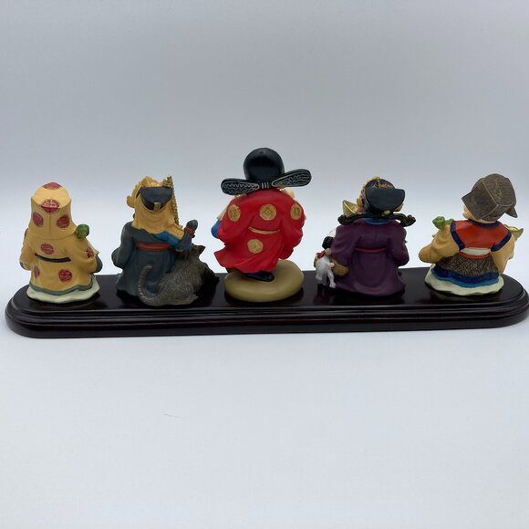 Five Prosperity God Miniture Figurines With Wooden Stand, Vintage, Handpainted - Picture 3 of 11